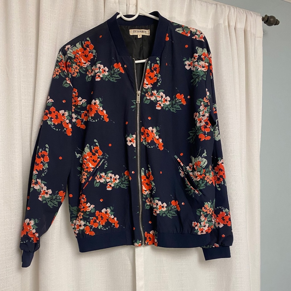 Floral navy blue bomber jacket women